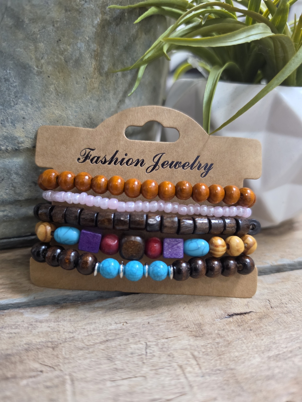 Boho Wood Bead Bracelet Set 5 Pc Turquoise Pink Multi Color Stackable Stretch